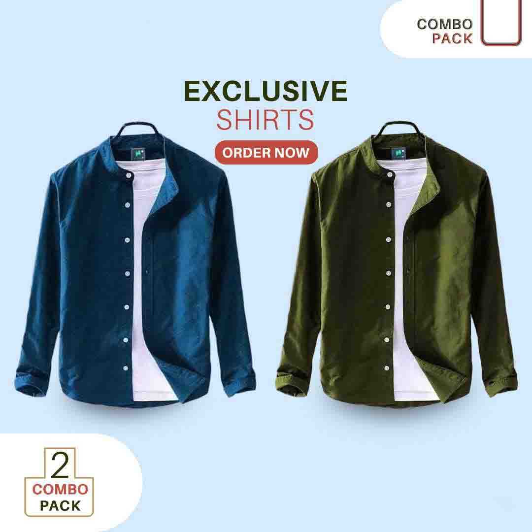 Men's,Solid,Color,Cotton,Full,sleeve,Band,Collar,Shirt,(ONLY,SHIRT),2pis,Combo,Offer