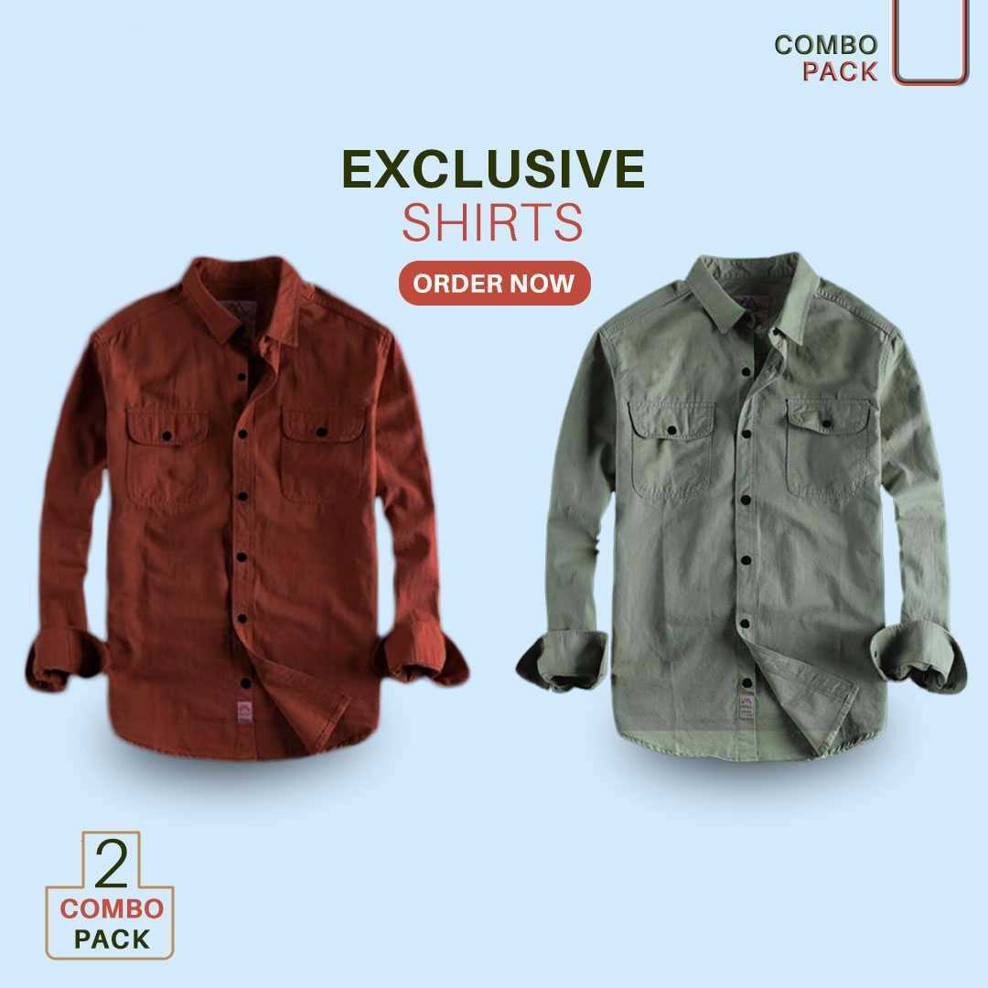 Men's,Solid,Color,Cotton,Full,sleeve,Double,Pocket,Shirt,2pis,combo,offer
