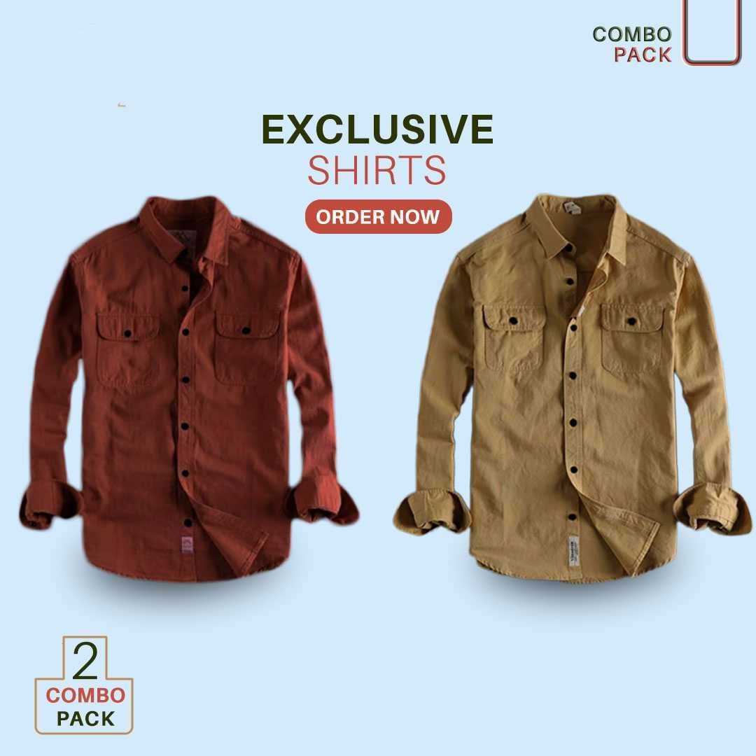 Men's,Solid,Color,Cotton,Full,sleeve,Double,Pocket,Shirt,2pis,combo,offer