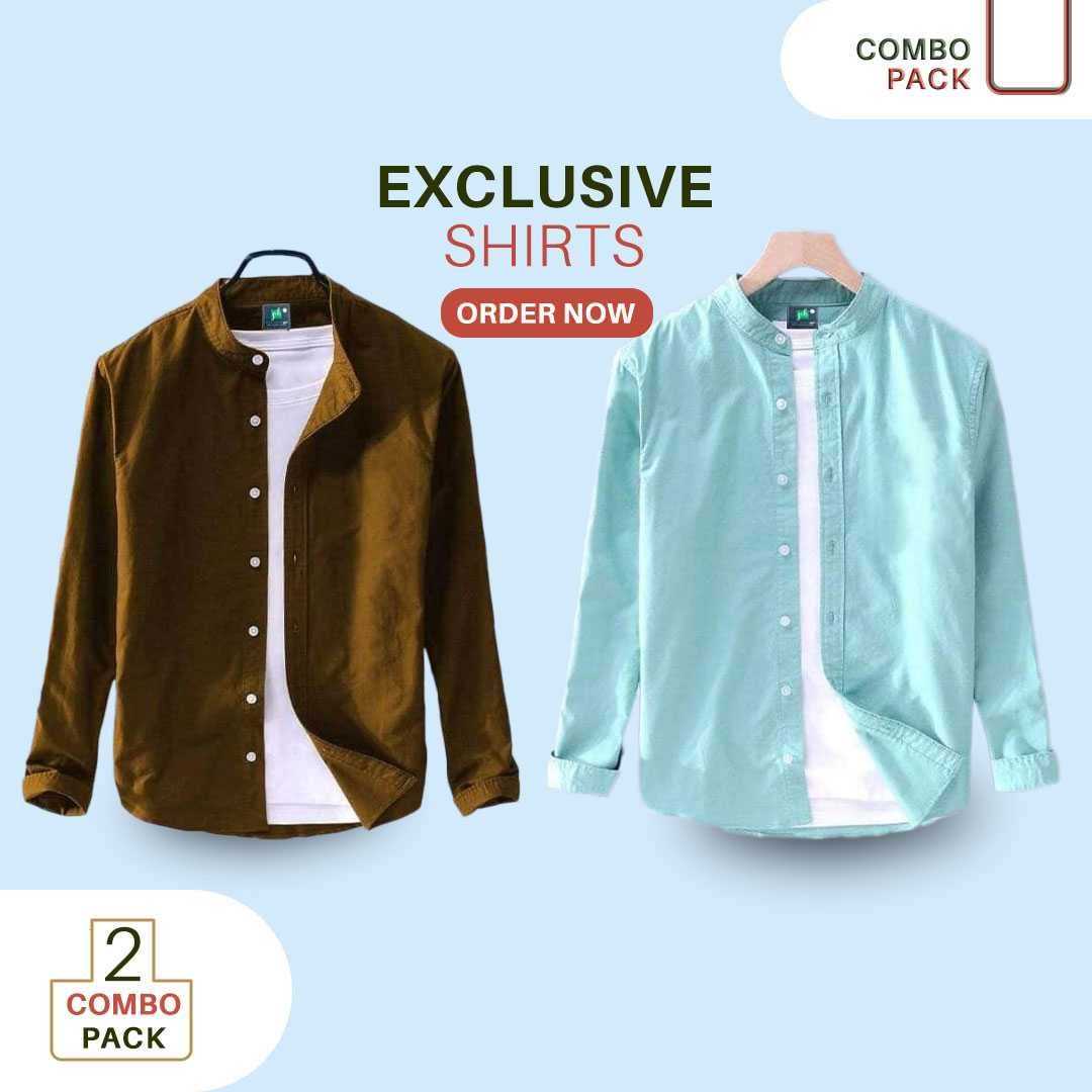 Men's,Solid,Color,Cotton,Full,sleeve,Band,Collar,Shirt,(ONLY,SHIRT),2pis,Combo,Offer